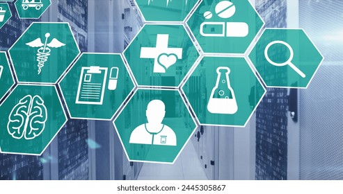 Image of multiple medical icons against computer server room. Medical research and business data storage technology concept - Powered by Shutterstock