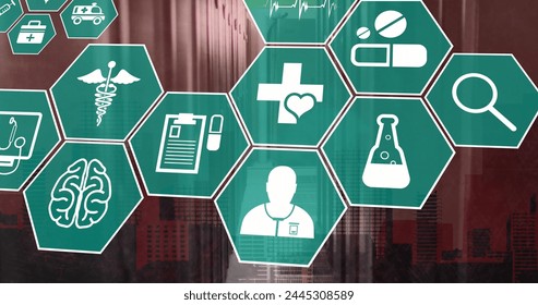 Image of multiple medical icons against computer server room. Medical research and business data storage technology concept - Powered by Shutterstock