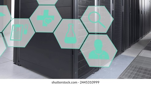 Image of multiple medical icons against computer server room. Medical research and business data storage technology concept - Powered by Shutterstock