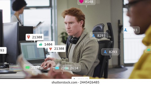 Image of multiple notification bars over caucasian man preparing reports on computer. Digital composite, multiple exposure, business, social media reminder and technology concept. - Powered by Shutterstock