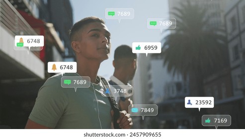 Image of multiple notification bars over diverse friends waving hands to stop cab. Digital composite, multiple exposure, business, togetherness, social media reminder and technology.