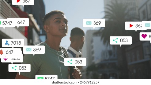 Image of multiple notification bars over diverse friends waving hands to stop cab. Digital composite, multiple exposure, business, togetherness, social media reminder and technology.