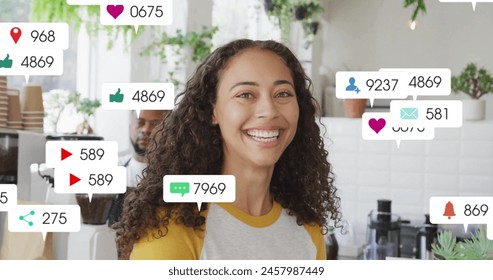 Image of multiple notification bars over smiling biracial woman standing in cafes. Digital composite, multiple exposure, business, abstract, social media reminder and technology concept.