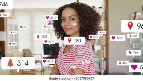 Image of multiple notification bars over smiling biracial woman standing arms crossed in office. Digital composite, multiple exposure, close up, social media reminder and technology concept.