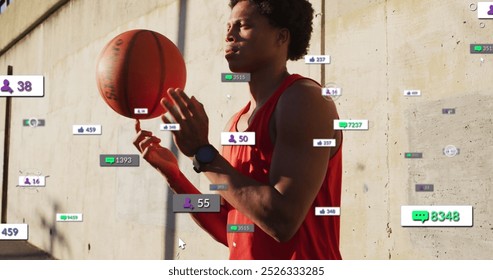 Image of multiple notification bars over biracial player spinning basketball on finger. Digital composite, multiple exposure, business, social media reminder, sports and competition concept. - Powered by Shutterstock