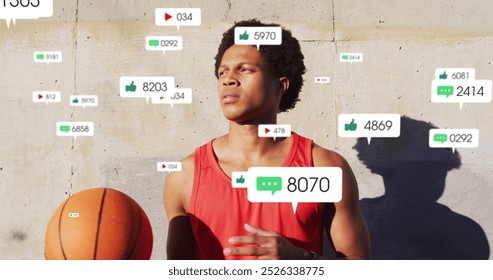 Image of multiple notification bars over biracial basketball player juggling ball. Digital composite, multiple exposure, business, social media reminder, sports and competition concept.