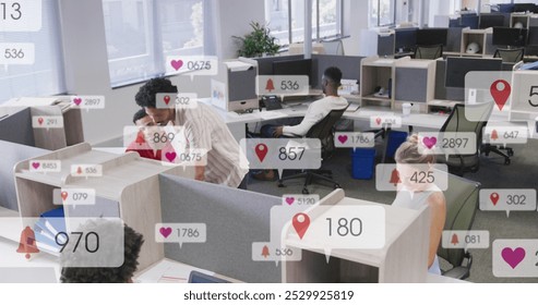 Image of multiple notification bars over diverse coworkers discussing on desk in office. Digital composite, multiple exposure, social media reminder, planning, teamwork and technology concept. - Powered by Shutterstock