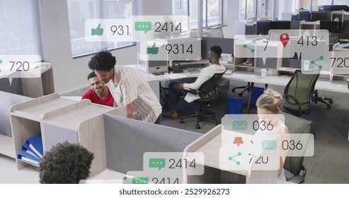 Image of multiple notification bars over diverse coworkers discussing on desk in office. Digital composite, multiple exposure, social media reminder, planning, teamwork and technology concept. - Powered by Shutterstock