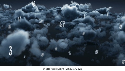 Image of multiple numbers floating over dark clouds in the sky. Global networking and business technology concept