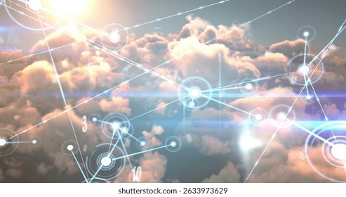 Image of multiple numbers and glowing network of connections against clouds in the sky. Global networking and business technology concept