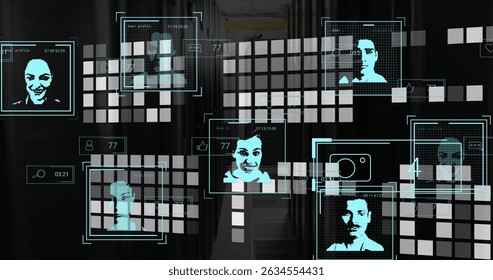 Image of multiple profile icons with data processing against mosaic squares and server room. Global networking and business data storage technology concept