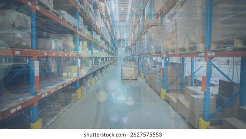 Image of multiple profile icons and statistical data processing against empty warehouse. Logistics business and technology concept