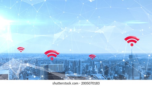 Image Of Multiple Red Wifi Symbols Over Network Of Connections And Cityscape. Digital Interface Connection And Communication Concept Digitally Generated Image.