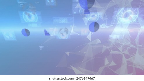 Image of multiple round scanners and data processing over plexus networks on gradient background. Global networking and business technology concept