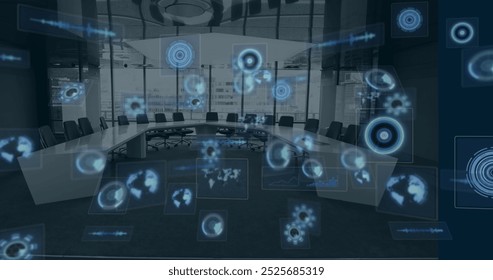 Image of multiple round scanners and data processing against empty office. Computer interface and business technology concept