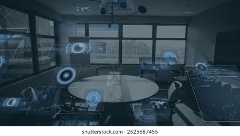 Image of multiple round scanners and data processing against empty office. Computer interface and business technology concept