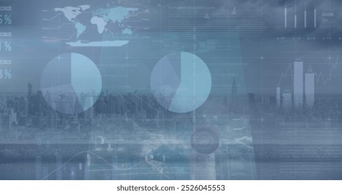 Image of multiple screens with data processing against aerial view of cityscape. Business data technology concept - Powered by Shutterstock