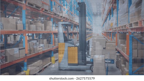 Image of multiple screens with data processing against forklift operating at warehouse. Logistics business and technology concept