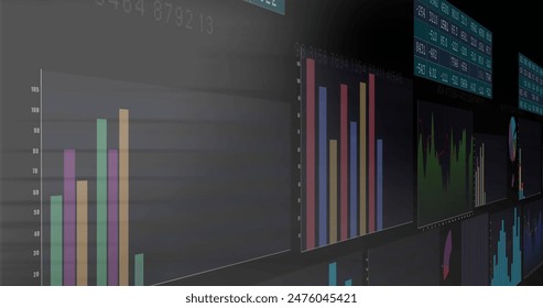 Image of multiple screens with statistical data processing against grey background. Computer interface and business data technology concept