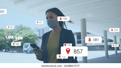 Image of multiple social media icons over woman in face mask outdoors. Social media networking and technology concept