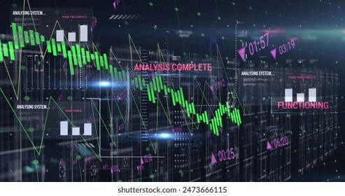 Image of multiple texts, graphs and lens flares with dots against abstract background. Digitally generated, hologram, report, finance, business, light, illuminated and technology concept.