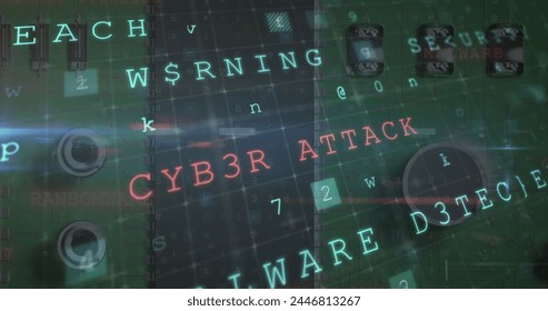 Image of multiple words and numbers over a microprocessor. digital interface global connections concept digitally generated image.