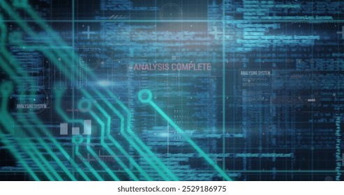 Image of multiple words, programming language and circuit board pattern over abstract background. Digitally generated, hologram, coding, report, finance, machine learning and technology concept.