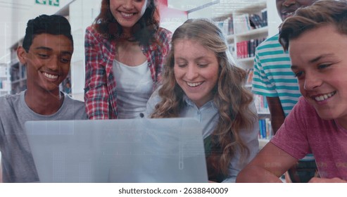 Image of multiracial student discussing using laptop over globe, trading board and graph. Digital composite, multiple exposure, investment, education, finance, e-learning, technology concept. - Powered by Shutterstock - Get 15% off with code: PIKWIZARD15
