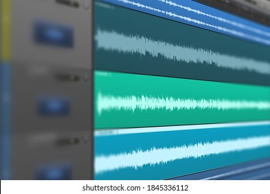 Image Of Multitrack Sound Audio Wave On Monitor. Recording, Mixing, And Mastering In Studio..