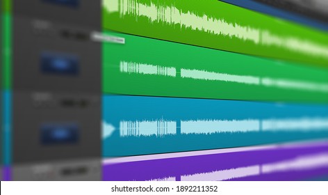 Image Of Multitrack Sound Audio Wave On Monitor. Recording, Mixing, And Mastering In Studio.