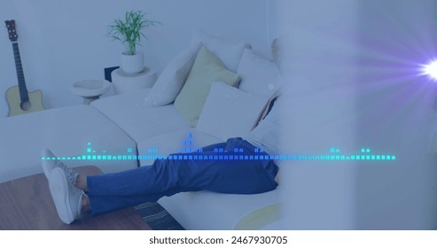 Image of music data processing over african american man. music, entertainment, computing and data processing concept digitally generated image.
