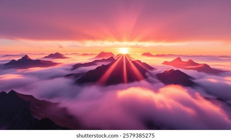 Image Name:
 * Celestial Ascent (Emphasizes the upward movement and heavenly light)
 Majestic mountains meet a radiant sunrise in this breathtaking image. Fiery orange and soft pink hues paint the sky