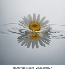 Image Name: "Daisy Reflection" Prompt: A yellow-centered white daisy, partially submerged in water, casting soft ripples on the surface. The white background enhances the simplicity and elegance of th - Powered by Shutterstock