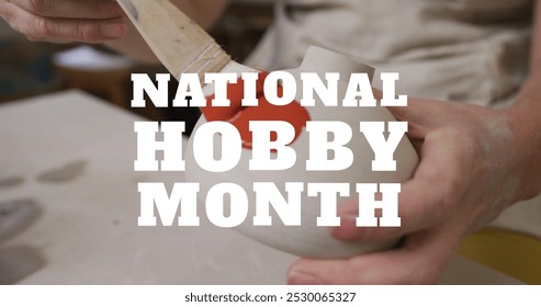 Image of national hobby month text over midsection of caucasian woman painting pottery. hobby and lifestyle concept digitally generated image. - Powered by Shutterstock