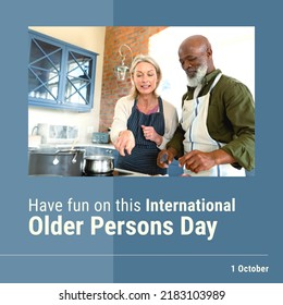 Image Of National Older Persons Day Over Happy Diverse Senior Couple Cooking. Seniors, Lifestyle And Celebration.