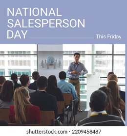 Image of national salesperson day and group of diverse people during trading conference. Business, trade, commerce and celebration concept. - Powered by Shutterstock