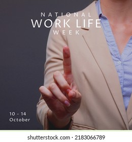 Image of national work life week over midsection of caucasian woman. Business and work life balance concept. - Powered by Shutterstock