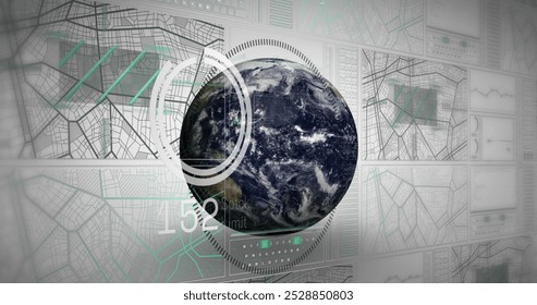 Image of navigation pattern, loading circles, changing numbers over globe on white background. Digitally generated, hologram, illustration, business, progress, direction and globalization concept.