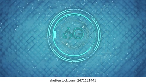 Image of neon 6g text and scope scanning over blue blocks moving in background. Global data processing and cloud computing concept digitally generated image.