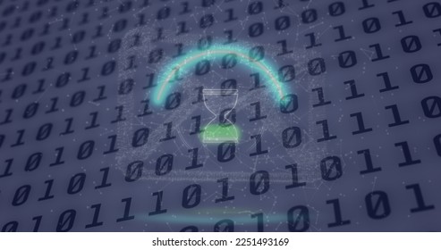 Image of neon circle with hourglass over binary code on digital screen. Digital screen, interface and technology concept digitally generated image.