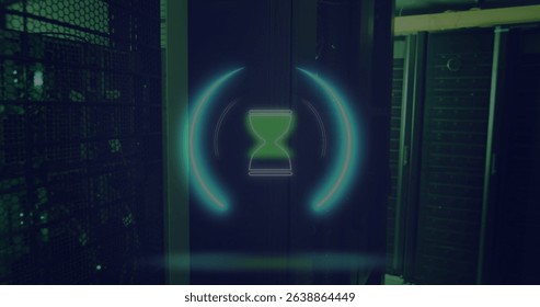 Image of neon circle with hourglass over servers. Global computers, network, data and technology concept digitally generated image. - Powered by Shutterstock - Get 15% off with code: PIKWIZARD15