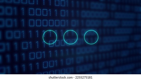 Image of neon circles over binary code on digital screen. Digital screen, interface and technology concept digitally generated image.