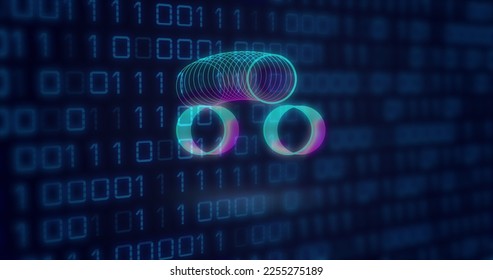 Image of neon circles over binary code on digital screen. Digital screen, interface and technology concept digitally generated image.