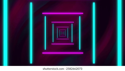 Image of neon digital tunnel over black background. Abstract background and pattern concept digitally generated image.