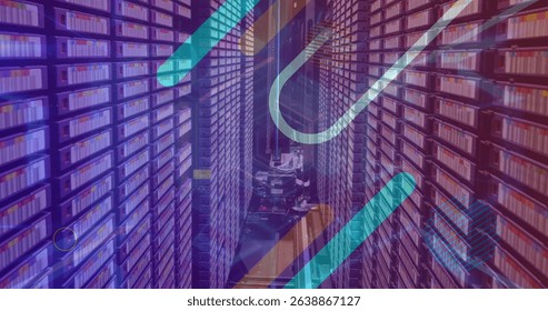 Image of neon glowing tunnel in seamless pattern against computer server room. Global networking and business data storage technology concept