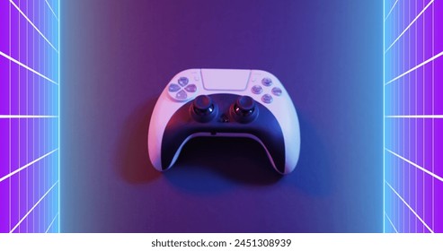 Image of neon grid over image game pad. Global image game, digital interface, data processing and connections concept digitally generated image.