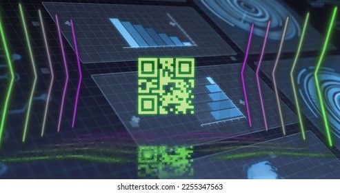 Image of neon lines, qr code and data processing on digital screens. Data processing, connections, network and technology concept digitally generated image. - Powered by Shutterstock - Get 15% off with code: PIKWIZARD15