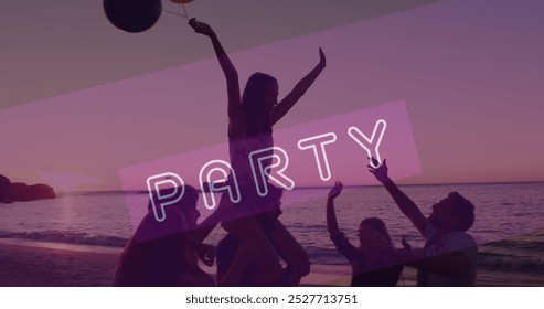 Image of neon party text in over smiling friends dancing at beach party. retro party, fun, entertainment and celebration concept digitally generated image. - Powered by Shutterstock