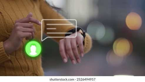 Image of neon profile and message icon over mid section of a woman using smartwatch. Social media networking technology concept - Powered by Shutterstock