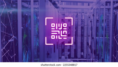 Image of neon qr code over server room in violet. communication, computers, servers and technology concept digitally generated image. - Powered by Shutterstock